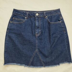 Denim Mini Skirt Women’s Large Dark Wash Raw Hem Stretch Jean Skirt Y2K 2000s